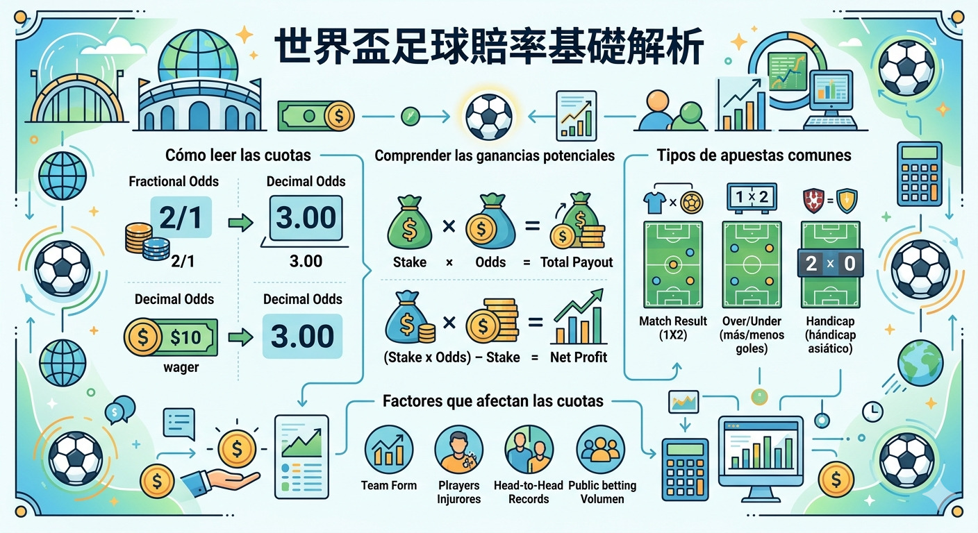 這是一張以「世界盃足球賠率基礎解析」為主題的資訊圖表,透過圖示說明了賠率計算方式、常見投注類型以及影響賠率的關鍵因素。 版面設計清晰且直觀,幫助初學者快速理解運動博弈的基本概念與盈虧計算邏輯。