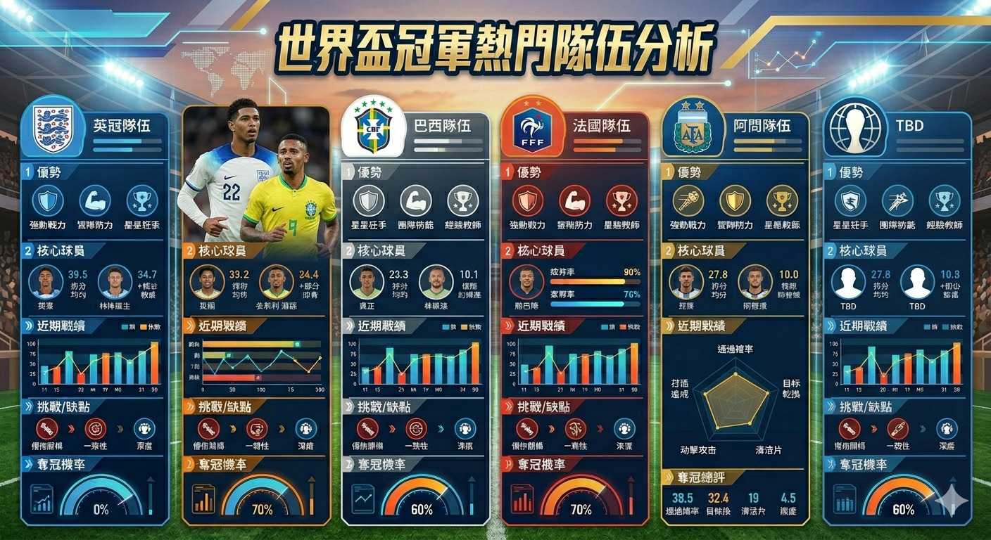 這張圖表分析了世界盃足球賽的熱門爭冠隊伍,透過數據視覺化展示各隊的戰力優勢、核心球員表現及奪冠機率。 圖中結合了賽場背景與科技感的統計數據,提供關於英格蘭、巴西、法國與阿根廷等頂尖國家隊的綜合戰術評估。