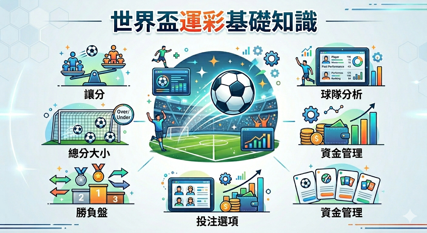 這張圖片展示了世界盃運彩的基礎知識，透過圖示說明了讓分、總分大小、勝負盤、球隊分析、資金管理及投注選項等核心概念。 整體設計以足球為中心，簡潔明瞭地呈現了參與運彩時所需的分析工具與相關知識架構。