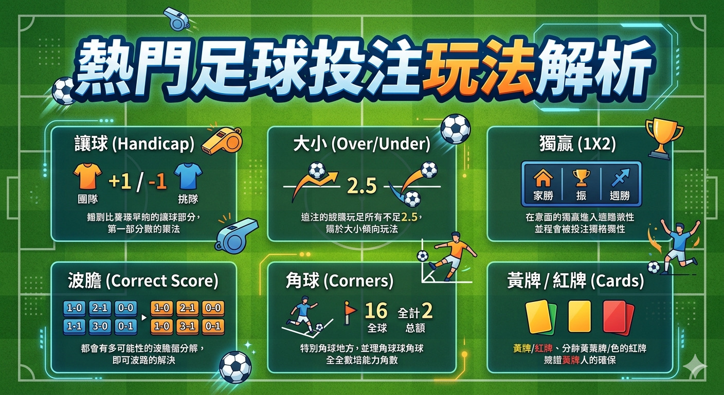 這張圖片以綠色足球場為背景,上方標示著「熱門足球投注玩法解析」大標題。 圖片下方整齊排列了六個資訊方塊,分別解析讓球、大小、獨贏、波膽、角球及黃紅牌等常見足球投注方式。